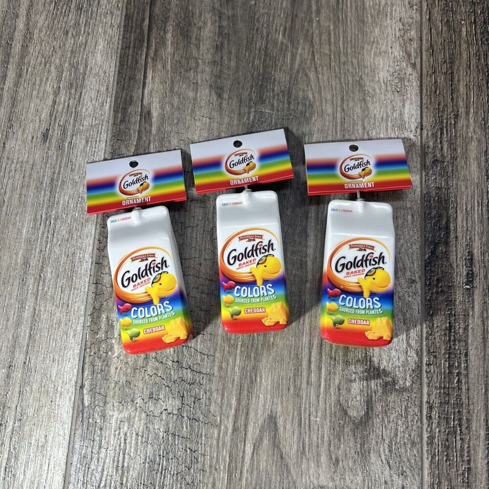 Lot of 3 Rainbow Cheddar Goldfish Bag Christmas Gift Ornament Food Crackers NWT
